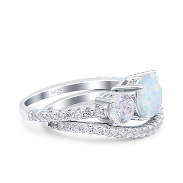 Three Stone Art Deco Wedding Piece Ring Round Lab Created White Opal 925 Sterling Silver